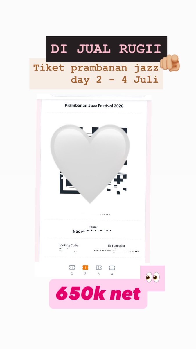 imsehunv's tweet photo. WTS WTS 👀🫵🏼 JUAL RUGI 650k net

TIKET PRAMBANAN JAZZ DAY 2 - 4 JULI 2026

#zonauangㅤ #prambananjazz #WTS #WTB https://t.co/cEM6TINxpF