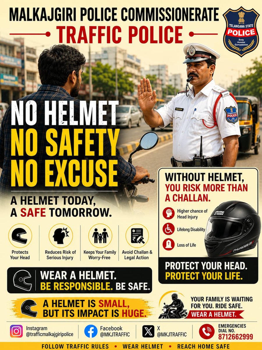 MKJTRAFFIC's tweet photo. 🚦 Wear a Helmet. Save a Life. Obey Traffic Rules.
#WearHelmet #HelmetSavesLives #RoadSafety #TrafficAwareness #SafeRiding #RideResponsibly #TrafficRules #NoHelmetNoRide #TwoWheelerSafety #TelanganaPolice #DriveSafe #BeResponsible #RoadDiscipline #ThinkSafety #PublicSafety https://t.co/Ea1aoYY6bP