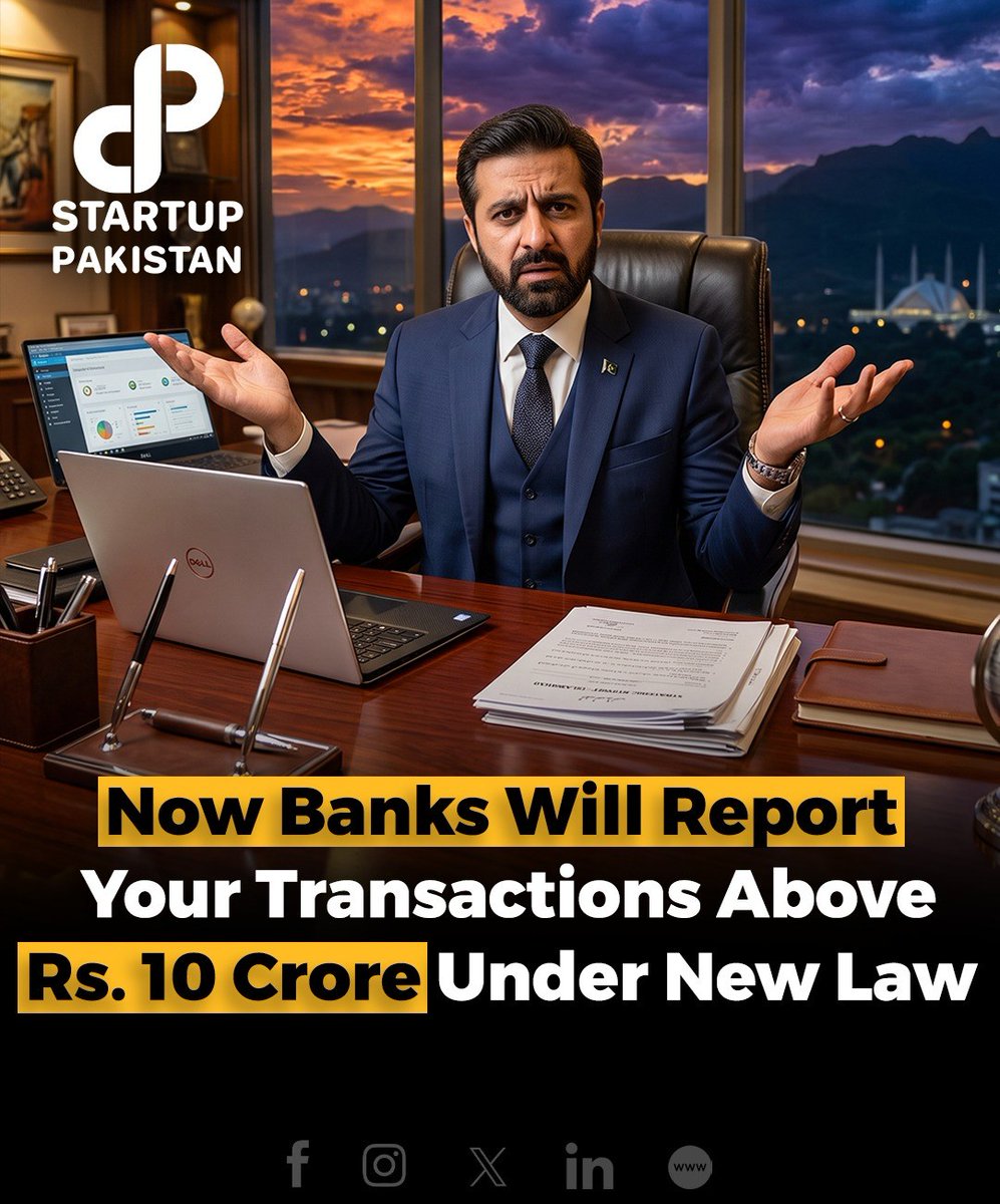 PakStartup's tweet photo. From July 1, Pakistan has introduced a new tax reporting system requiring banks and financial institutions to electronically report accounts with deposits or withdrawals exceeding Rs. 10 crore within a six-month period.

The data will be digitally cross-matched with tax records to identify possible under-reporting of income, concealed sales, inflated expenses and other tax irregularities. Cases showing significant mismatches will be referred for further review through the Federal Board of Revenue’s compliance system.

Authorities say the information will remain confidential and processed through a secure digital framework to strengthen tax compliance.

Disclaimer: This content is informational purposes only and based on available reports. Image is AI generated and just for reference

#Pakistan #FBR #Banking #Tax #Finance #SBP #Economy #IncomeTax #DigitalPakistan #BankAccounts #Compliance #FinanceAct2026