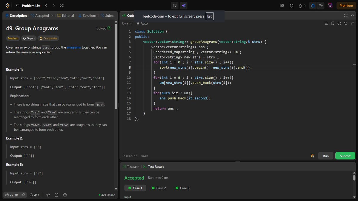 yash_pandey95's tweet photo. Day 04/10 of Coding 🚀

Today I learned the fundamentals of hash mapping, including the unordered_map data structure and string manipulation in C++.

solved a LeetCode Group Anagrams problem.

#100DaysOfCode #DSA #Cpp #LeetCode #HashMap #UnorderedMap #Strings #CodingJourney https://t.co/nvMia6JKnL