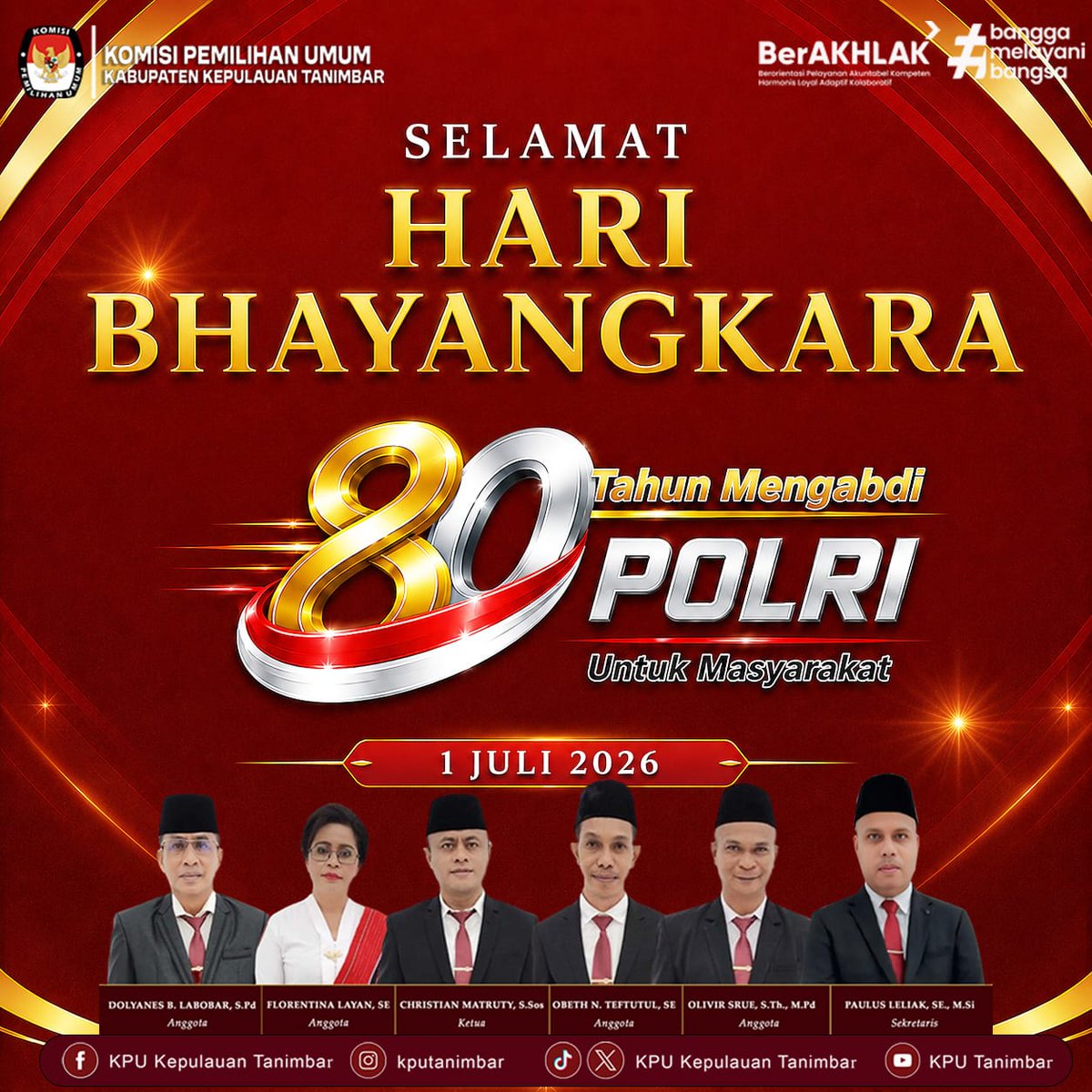 KpuTanimbar's tweet photo. #TemanPemilih, Keluarga Besar KPU Kabupaten Kepulauan Tanimbar mengucapkan Selamat Hari Bhayangkara ke-80. https://t.co/hv8pQEq4rr
