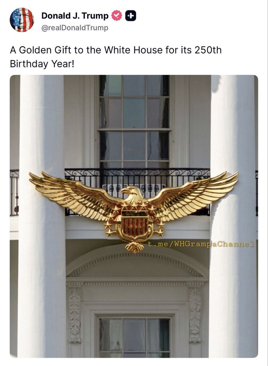 PaulGoldEagle's tweet photo. When you realize “why” President Trump hung the Gold Eagle plaque on the WH ... you will catch the SIGNAL ....

It’s called the “Freedom Flyer” ...

The “freedom flyer” is a metal eagle plaque .. typically made of cast iron ... or bronze ... that represents financial freedom from debt ...

Historically ... homeowners hung these plaques above their front doors .. garages .. or on porches to publicly celebrate that they had paid off their mortgage in full ...

W.H.G.