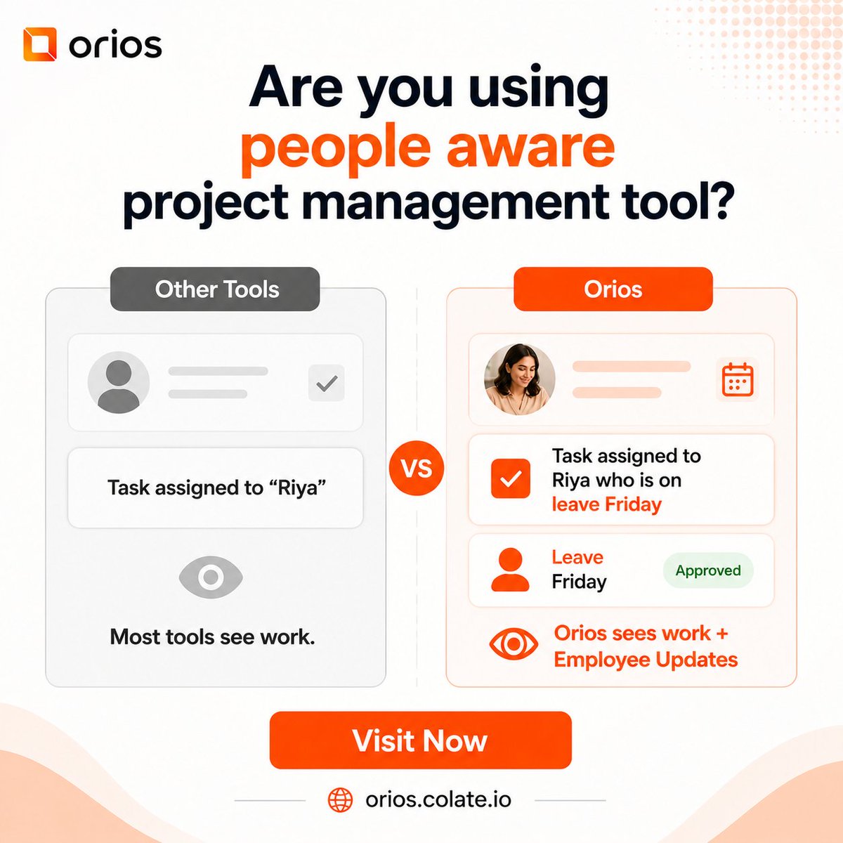 ColateAi's tweet photo. Your project tool knows the deadline.
Does it notify, on Friday your team mate is on leave?
Orios updates before you even notice.
Visit our website now and start free trial.
#ProjectManagement #HRTech #PeopleOps #SmartPlanning #TeamManagement #HRSoftware #ModernHR #StartupTools #WorkSmarter #Orios