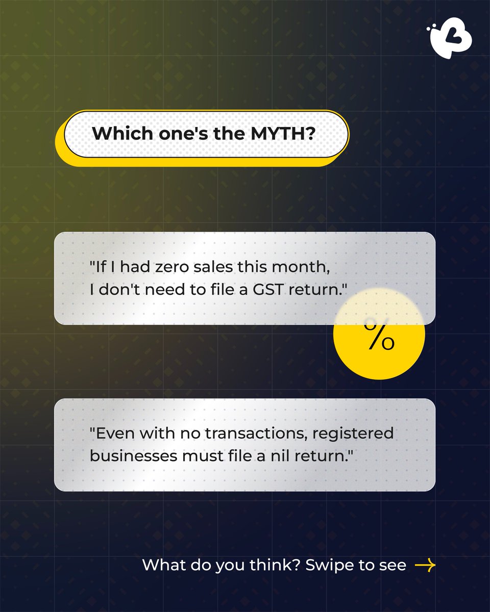 kreditbee's tweet photo. Think you know GST? 

We put 2 common statements to the test, only one in each pair is actually true. Swipe through to separate the myths from the facts and see how many you get right!

Drop your score in the comments, 2/2 or did GST catch you off guard?

#KreditBee #KreditBeeApp #KreditBeeIndia #GSTDay #Education