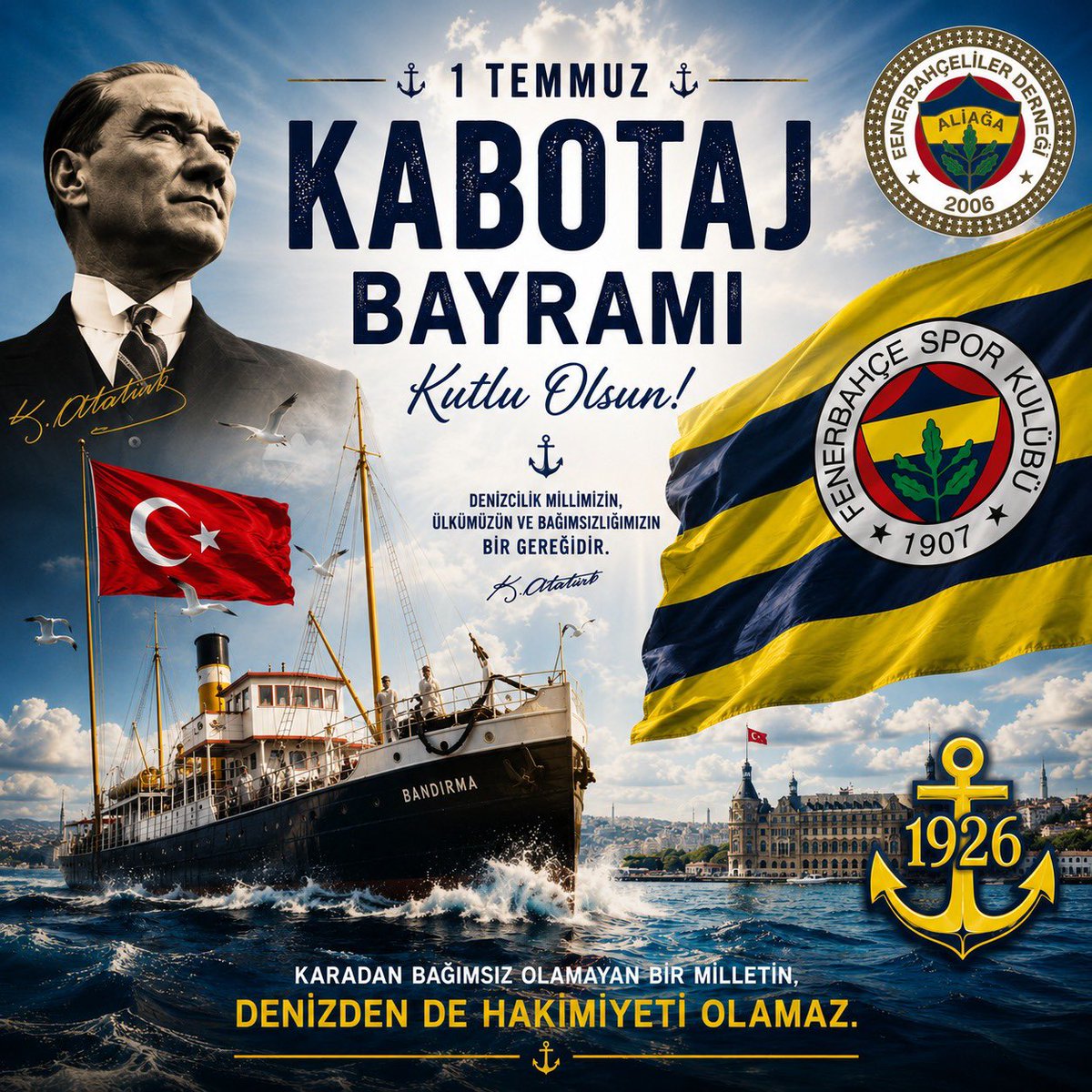 fbderaliaga's tweet photo. Denizlerimizde dalgalanan şanlı bayrağımızın verdiği gururla, 1 Temmuz Denizcilik ve Kabotaj Bayramımız kutlu olsun💛💙 https://t.co/FoB2aB7AtF