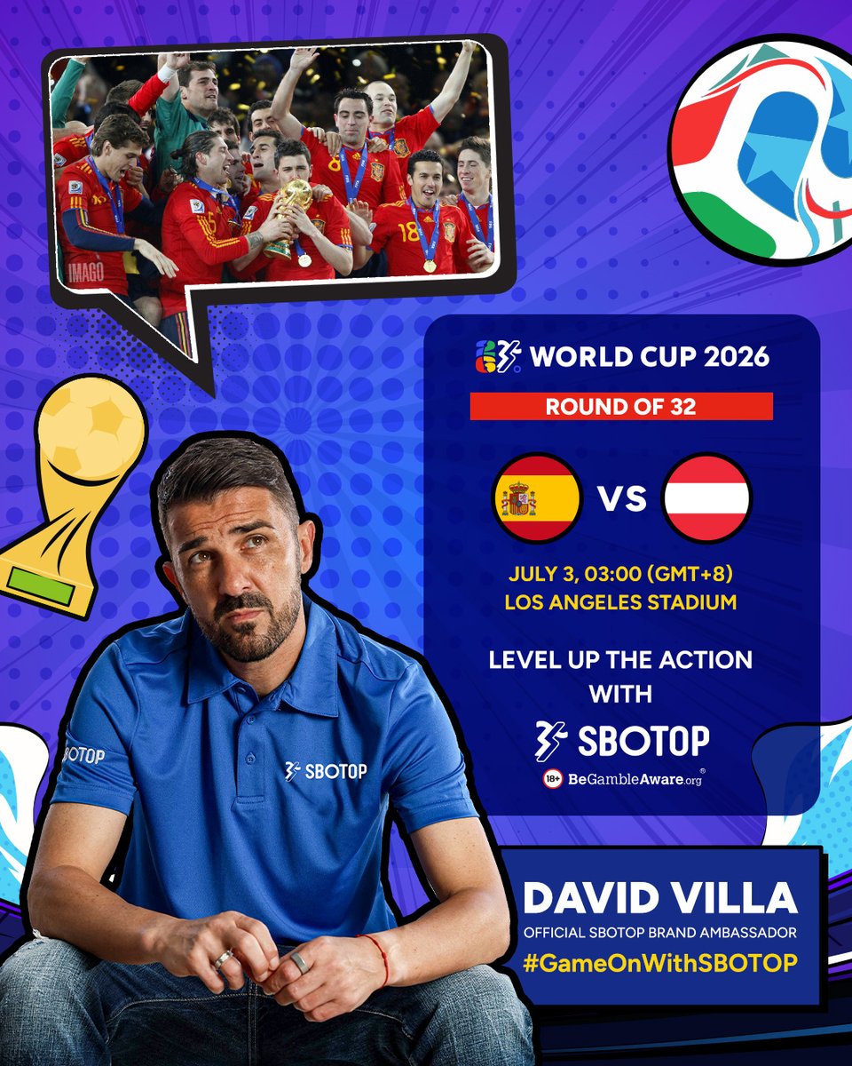 sbotopofcl's tweet photo. Once a World Cup champion, always a World Cup dreamer. David Villa must be feeling the nostalgia as Spain chase glory once again. 🇪🇸

Enjoy the #WorldCup2026 action with #SBOTOP. https://t.co/RIPDFjU12M