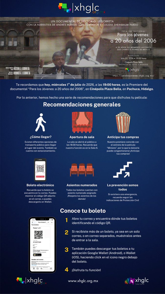 xhglc's tweet photo. Te recordamos que hoy, miércoles 1° de julio de 2026, a las 19:00 horas, es la Premiere del documental “Para los Jóvenes: a 20 años del 2006”, en Cinépolis Plaza Bella, en Pachuca, Hidalgo.

Por lo anterior, hemos hecho una serie de recomendaciones para que disfrutes tu película: https://t.co/E4libEWtea