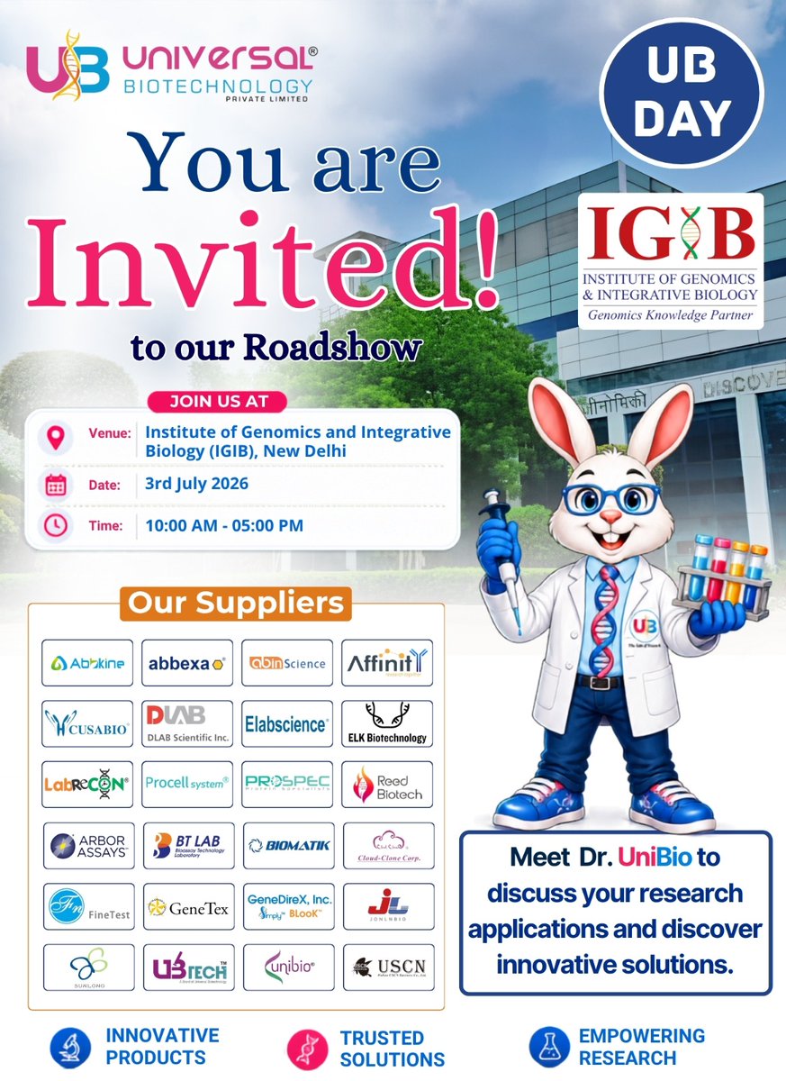 unibiotech's tweet photo. 🚀𝗝𝗼𝗶𝗻 𝘁𝗵𝗲 𝗨𝗕 𝗥𝗼𝗮𝗱𝘀𝗵𝗼𝘄 𝟮𝟬𝟮𝟲 at the Institute of Genomics and Integrative Biology (IGIB), New Delhi!🧬🔬

Meet our team, explore cutting-edge life science technologies, and connect with experts.

📅 3 July 2026 | ⏰ 10 AM - 5 PM

#UniversalBiotechnology #IGIB https://t.co/sHI28PmJn0