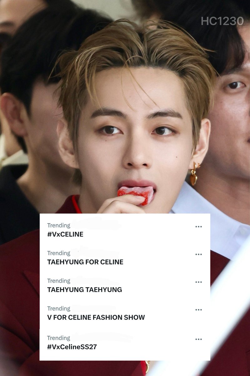 Currently Taehyung is on trending on the platform with following tags
V FOR CELINE FASHION SHOW
TAEHYUNG FOR CELINE
#VxCELINE #TAEHYUNGxCELINE
#V #VxCelineSS27
TAEHYUNG TAEHYUNG https://t.co/R0YEZpIEi4