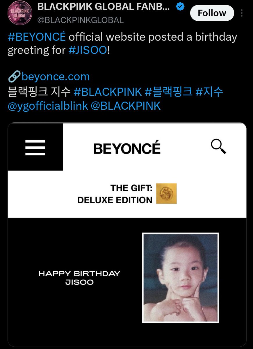yoximorikobe's tweet photo. "no one outside your fandom"

being jisoo is beyonce's site greeted her happy birthday 😭😭😭 https://t.co/ulrpwkEHwP
