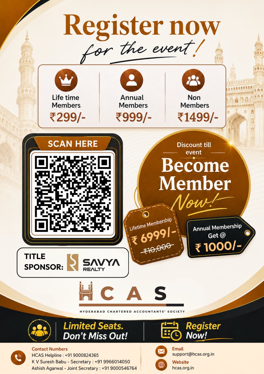 Hyderabadchart2's tweet photo. HCAS CA's Conclave 2026

🕙Time: 9:30 AM – 6:00 PM
📍 Venue: The Park, Hyderabad
📅 Date: 4th July 2026

🎟️ Register now by scanning the QR code or visit https://t.co/f8BfloAtr4 https://t.co/wyWu1qTnJJ