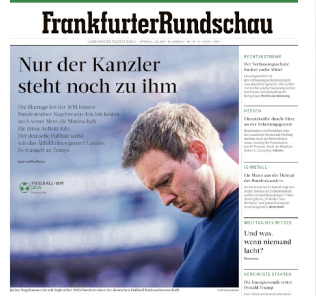 pthibaut's tweet photo. "Il n'y a plus que le chancelier qui le soutien"
à propos de l'entraineur de la Mannschaft Nagelsmann dont l'équipe a été éliminée du mondial.
Le post sur X de Merz où le chancelier a évoqué l'enthousiasme suscité par les joueurs all. suscite toujours des commentaires railleurs. https://t.co/eVc0l7luXl