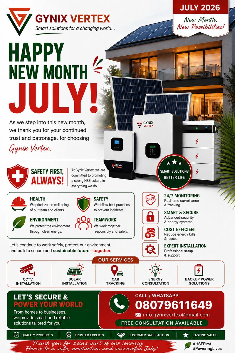 gynixvertex01's tweet photo. π Happy New Month from Gynix Vertex!
Welcome to July! As we embrace a new month filled with opportunities, we sincerely thank our valued clients, partners, and supporters for your continued trust and patronage.
#HappyNewMonth #GynixVertex #SafetyFirst #Solar #CCTV #CarTracking https://t.co/FERsY2Ew4R