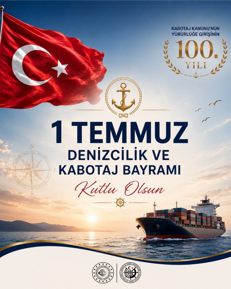 denizcilikgm's tweet photo. 🇹🇷⚓ 1 Temmuz Denizcilik ve Kabotaj Bayramımız kutlu olsun!

Denizlerde egemenliğimizin ve bağımsızlığımızın simgesi olan Kabotaj Kanunu'nun yürürlüğe girişinin 100. yılını büyük bir gurur ve coşkuyla kutluyoruz.

Bir asır önce atılan bu tarihi adımın ışığında; güçlü filomuz, modern limanlarımız ve nitelikli insan kaynağımızla Türk denizciliğini daha ileriye taşımak için kararlılıkla çalışmaya devam ediyoruz.

Başta denizcilik camiamız olmak üzere aziz milletimizin 1 Temmuz Denizcilik ve Kabotaj Bayramı'nı kutluyor; vatan uğruna denizlerde canlarını feda eden deniz şehitlerimizi rahmet, minnet ve saygıyla yâd ediyoruz. 🇹🇷🌊