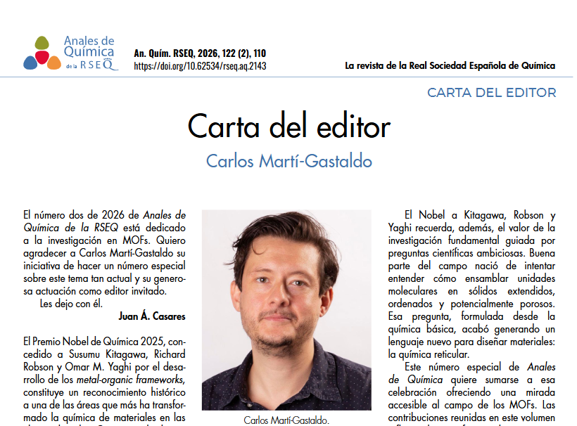 RSEQUIMICA's tweet photo. 📙Nuevo número de la revista de #AnalesdeQuímica de la RSEQ dedicado a los #MOFs 
✍️En la Carta del Editor, 🧑‍🔬Juan Á. Casares presenta este número especial y agradece a 🧑‍🔬Carlos Martí-Gastaldo su labor como editor invitado.
➡️ https://t.co/PJGmo9ecbn https://t.co/yMOQxCyH8D