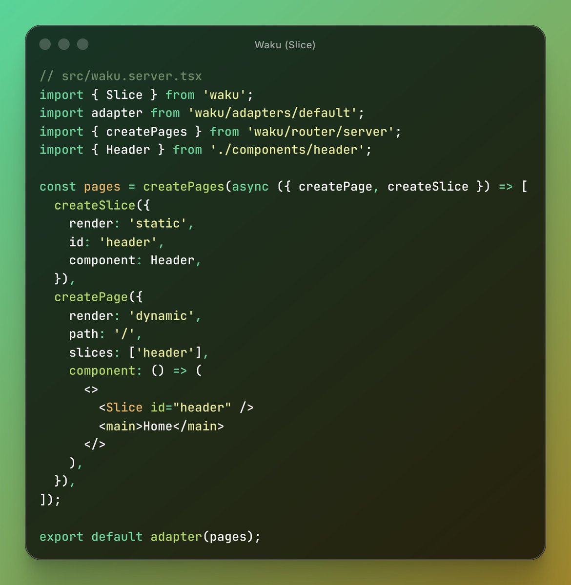 dai_shi's tweet photo. Waku's Slice is inspired by Gatsby's Slice.
The idea is the same. You define a shared component once, then put a <Slice> placeholder where you want it. It renders once and is reused on every page.
Gatsby does this with static HTML at build time. Waku does it with RSC. https://t.co/eXzdmQhtLj