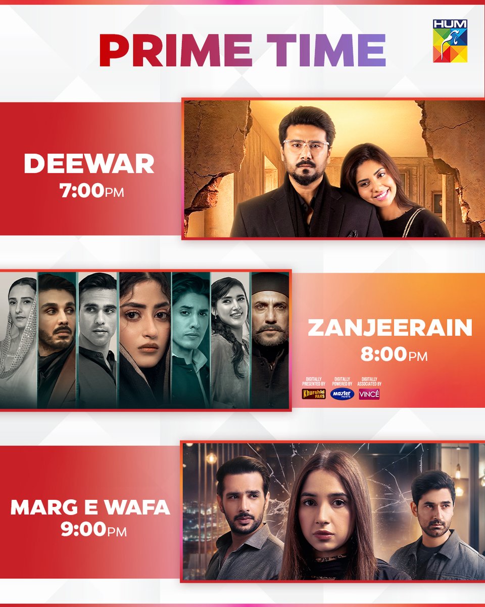 Humtvnetwork's tweet photo. An Evening Of Unmissable Stories Begins Tonight. ✨
Only On #HUMTV

#Deewar #Zanjeerain #MargEWafa https://t.co/K3hSRHsiRW