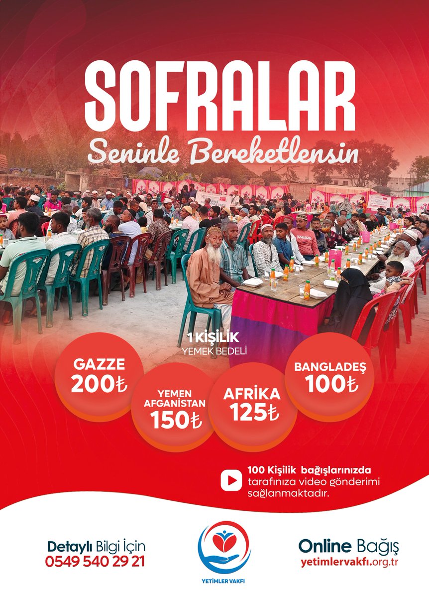 YetimlerVakfim's tweet photo. Yetimler Vakfı olarak yetim kardeşlerimiz ve ihtiyaç sahibi aileler için sıcak yemek dağıtımlarımızı sürdürüyoruz.

Paylaştığımız her lokma bir sofraya bereket, bir gönle umut oluyor. Siz de bağışlarınızla bu hayır kervanına destek olabilir, ihtiyaç sahiplerinin dualarında yer alabilirsiniz.

1 Kişilik Yemek Bedeli: 
Gazze: 200₺ 
Afganistan: 150₺
Yemen: 150₺
Afrika: 125₺
Bangladeş: 100₺

🌐 online bağış: https://t.co/ECEMkpWGV6
☎️ İletişim: 0549 540 29 21