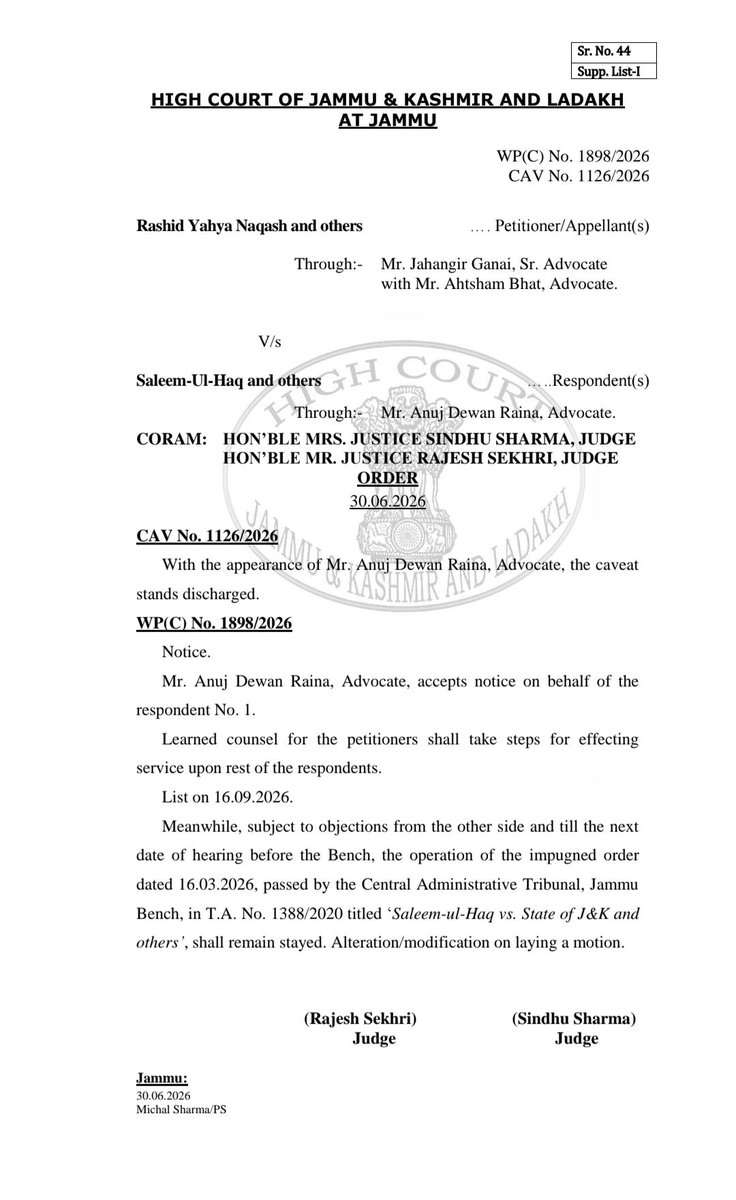 FaheemTak's tweet photo. DFO Seniority Row: HC Stays CAT Order
The HC has stayed the implementation of the CAT order in the seniority dispute involving DFOs. The interim stay provides temporary relief pending further proceedings, and the matter will now be heard by the HC on the next scheduled date. https://t.co/tL7HBrXwJZ