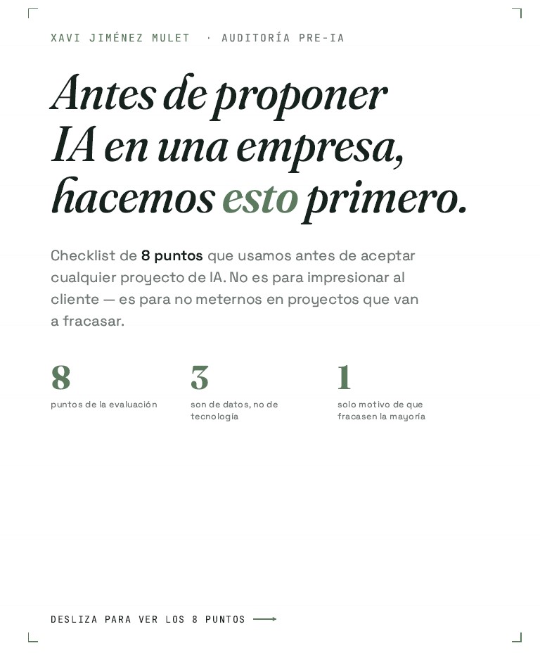 xavjimenezmulet's tweet photo. Antes de proponer una implementación de IA, hago siempre la misma evaluación.

No para impresionar. Para no meterme en proyectos que van a fracasar.

Los 3 puntos que más gente falla tienen que ver con datos, no con tecnología.

Hilo con los 8 criterios: https://t.co/3fwvOB9H4l