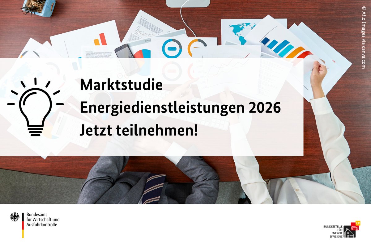 BAFA_Bund's tweet photo. 📢 Marktstudie Energiedienstleistungen 2026 – Ihre Expertise zählt! ⚡ Die #BfEE beim BAFA führt aktuell die Anbieterbefragung zur Marktstudie Energiedienstleistungen 2026 durch. 💡Jetzt mitmachen! https://t.co/cyffiPO9G5 https://t.co/LWhgxkgrZq