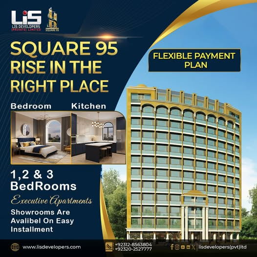 lisdevelopers's tweet photo. Rise with SQUARE 95! 🚀

1, 2 &amp; 3-bed apartments and prime showrooms in Bahria Town Karachi, Precinct 8.

✅ 10% Booking
✅ 36-month installment plan
📞 +92 312 8563804
📞 +92 320 2527777

#LISDevelopers #Square95 #BahriaTownKarachi #SmartInvestment #BookNow https://t.co/I14SvL414Q