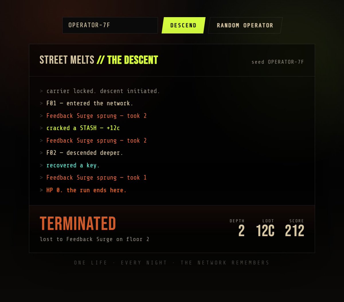 0xTexoid's tweet photo. watched the first operator die tonight.

floor 3. a Listener's Echo. not enough health left.

the network logged it and moved on. @StreetMelt https://t.co/WsYuuu2DId