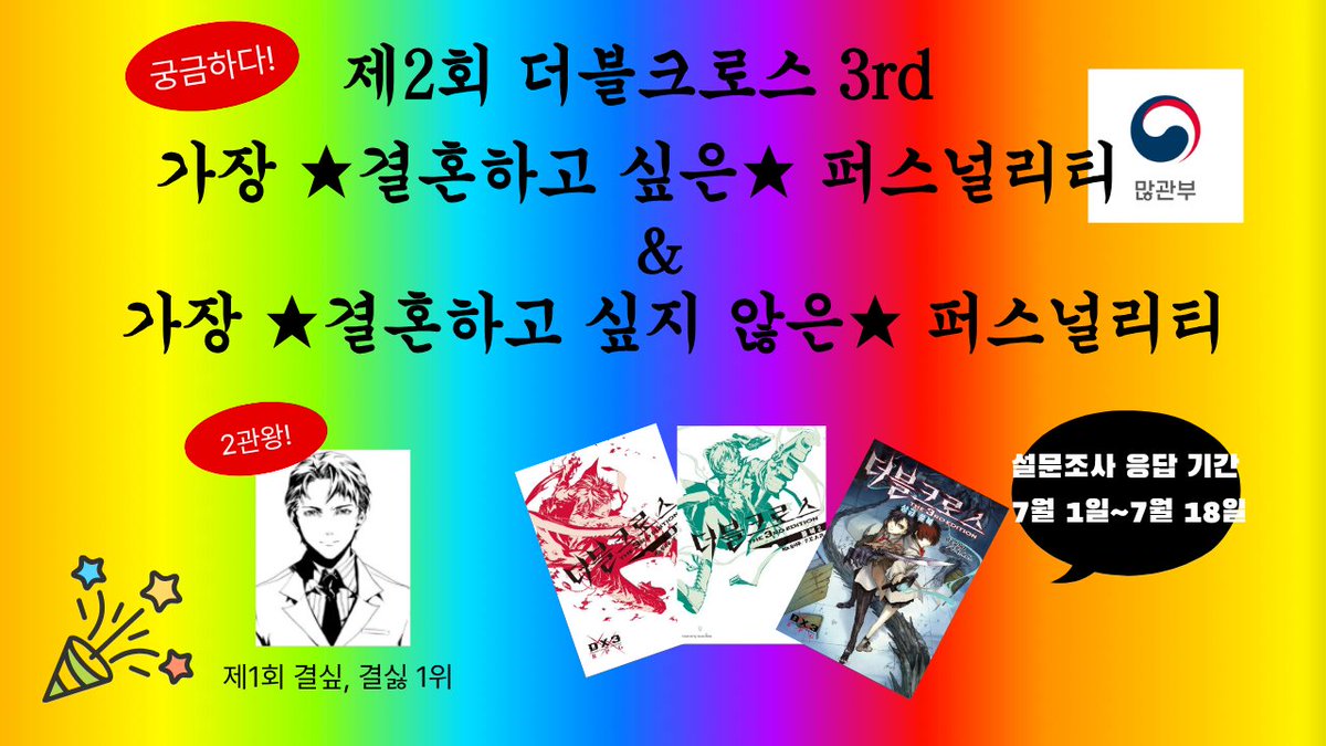 CharforLay's tweet photo. 궁금해서 직접 만든!
더블크로스 3rd에서 가장 결혼하고 싶은&amp;가장 결혼하고 싶지 않은 퍼스널리티 설문조사를 진행합니다. (7.1~7.18)

제가 궁금해서 개인적으로 만든 설문조사이므로 재미로만 봐주세요!

https://t.co/rmuCMfVSYK https://t.co/O5Rnvqn1Dd
