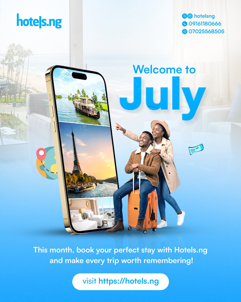 hotelsng's tweet photo. Wishing you a beautiful, restful, and successful new month.
Whether your July takes you on business trips across the country or relaxing weekend retreats, we hope every journey is smooth and welcoming.
Happy New Month from all of us at https://t.co/zyngNqzOd0! https://t.co/0rs0iuT36g