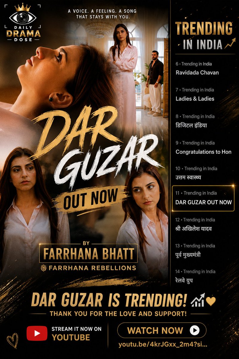 The_Drama_Dose's tweet photo. DAR GUZAR OUT NOW

#DarGuzar is making waves and is now trending on X! 

The newly released track has grabbed fans' attention with its emotional vibe and stunning visuals

Have you streamed it yet? Let us know your review in the comments! 

 Watch Now: https://t.co/v2DNDh9Acg
#Farrhanabhatt #AdnanKhan
#Song