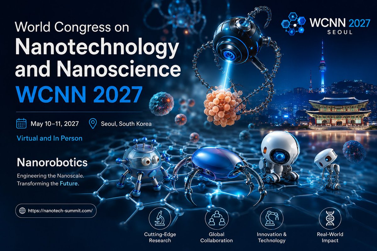WCNN2026's tweet photo. #WCNN2027 | Nanorobotics

May 10–11, 2027 | Seoul, South Korea

Virtual &amp; In-Person

Discover the future of #nanotechnology and #nanoscale innovation.

https://t.co/dzDwQUdqLn

#Nanorobotics #Nanoscience #NanoInnovation  #FutureTech #NanoEngineering https://t.co/zK6qMTTxqJ