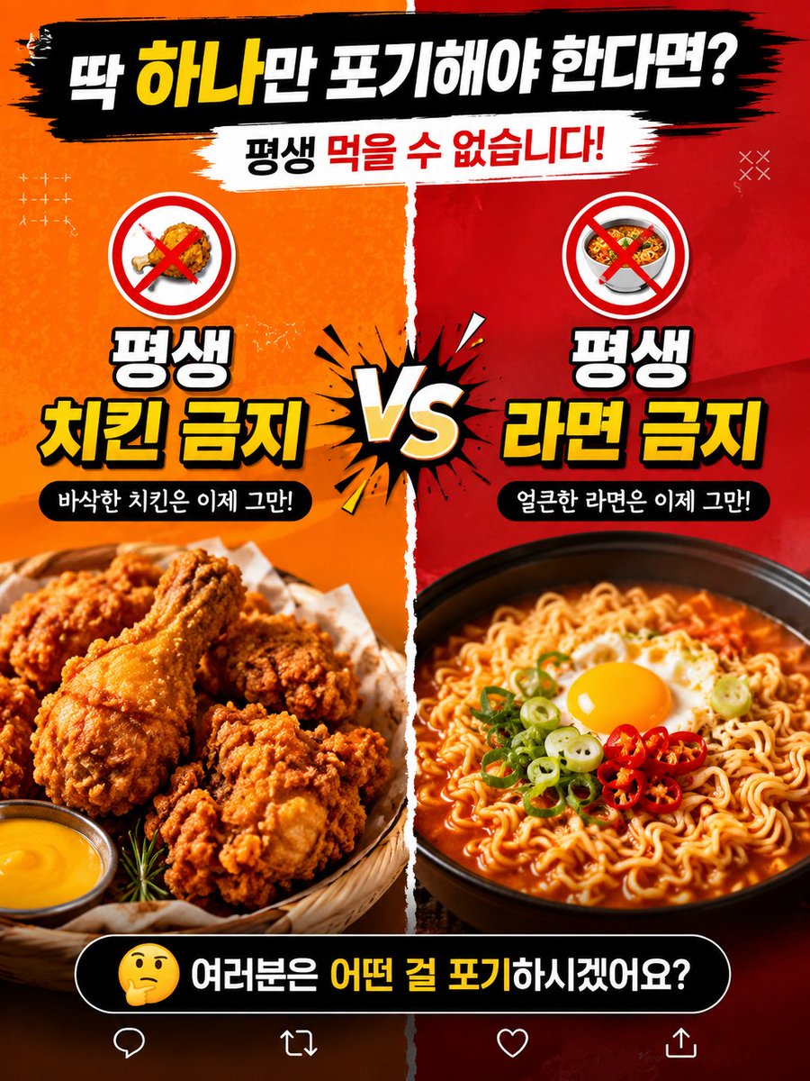 CryptoYuna_'s tweet photo. 평생 치킨 금지 VS 평생 라면 금지

딱 하나만 선택해야 한다면
여러분은 어떤 걸 포기하시겠어요?

저는 라면을 선ㅌ...아니 치킨을 선ㅌ..아니아니..라면을 선택하겠습니다😭 https://t.co/xdEgUn2yEM