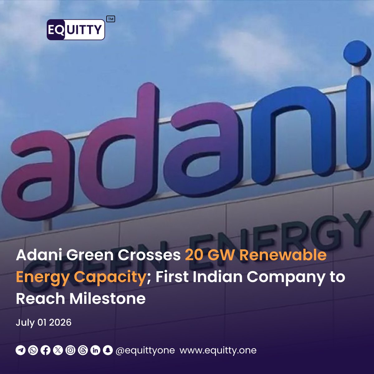equittyone's tweet photo. Adani Green crossed 20 GW of renewable energy capacity, becoming India's first company to achieve the landmark clean energy milestone.
#AdaniGreen #RenewableEnergy #CleanEnergy #GreenPower #EnergyTransition #Sustainability
Join Telegram: https://t.co/h5Y3gHmE0s https://t.co/wtpSKlg621