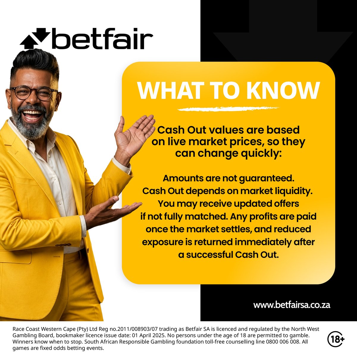 BetfairSA's tweet photo. Why wait for the final result? 
With cash out, you can settle your bet before the event ends and stay in control every step of the way.

https://t.co/VKVRs4B7lc

#BetfairSA #CashOut https://t.co/VpAERiDtHb