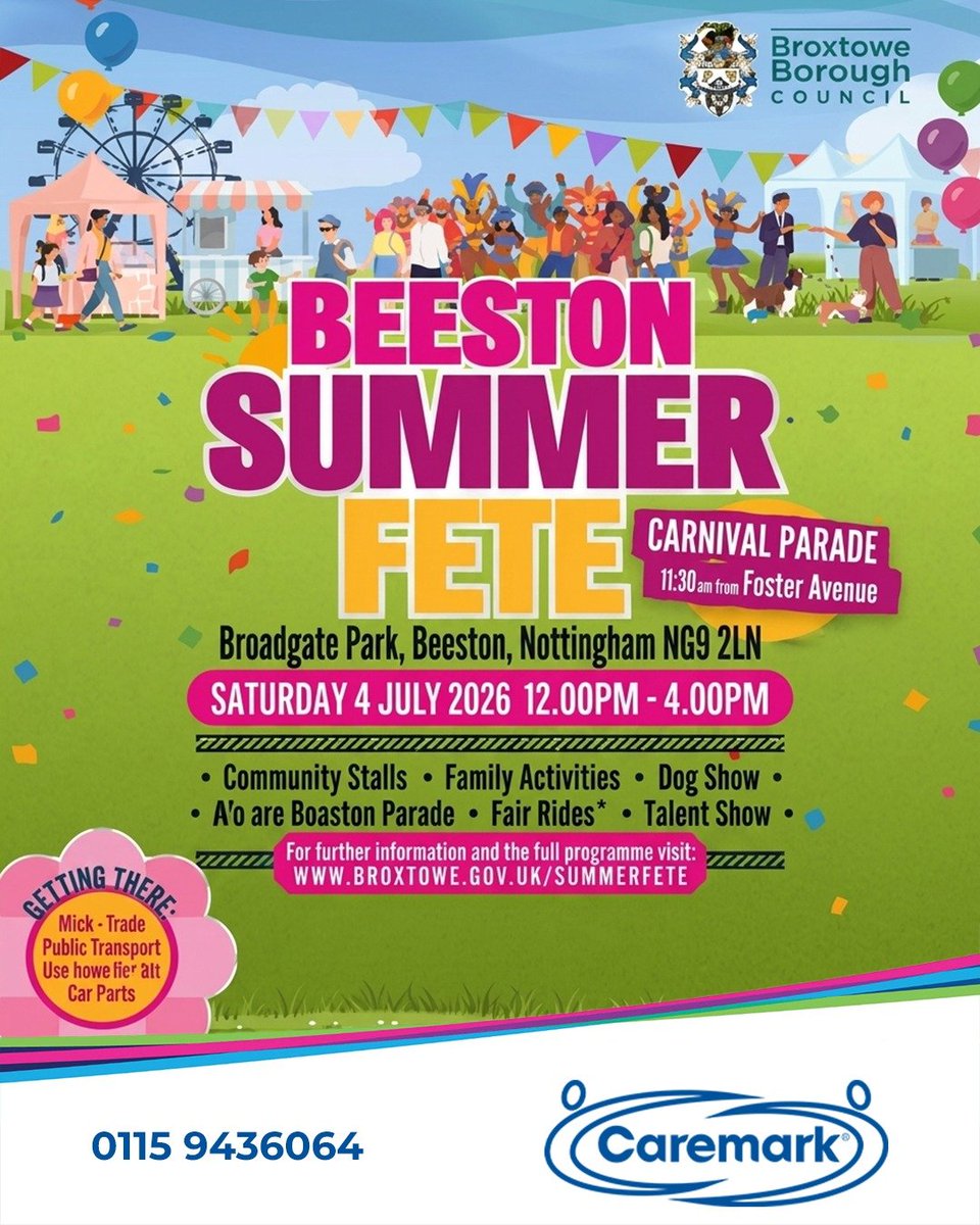 CaremarkBrox's tweet photo. Looking for a family day out?

The Beeston Summer Fete returns 4 July with music, food, stalls, and fun.

For more information:
https://t.co/GECXntdMjX

Learn more:
https://t.co/LiRyhNgskB

Call Caremark: 0115 943 6064

#beeston #communityevents https://t.co/7Z8phrRL3e