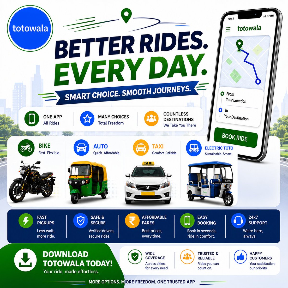 totowalaindia's tweet photo. 🚖 Better Rides. Every Day.
Book Bike, Auto, Taxi & Electric Toto in one app. Fast pickups, affordable fares, and secure rides—anytime you need.
📲 Download Totowala today!
#Totowala #BetterRidesEveryDay #RideSmart #TravelEasy #OneAppEveryRide https://t.co/6EkwbYhxss