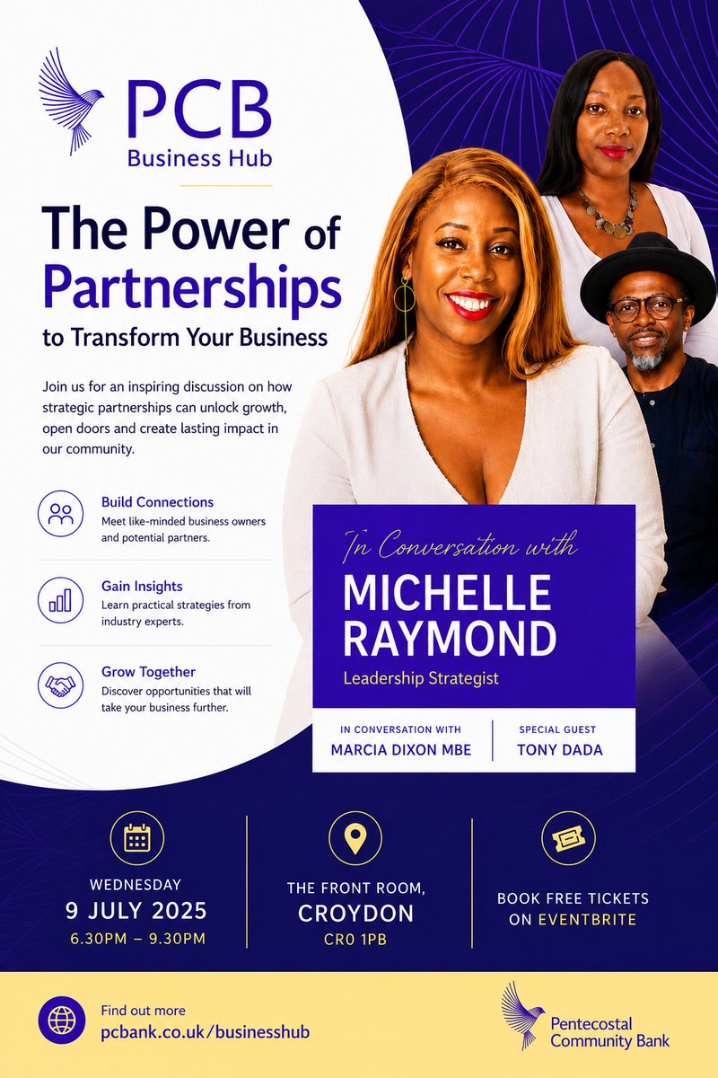 marciadixonpr's tweet photo. FREE EVENT FOR BUSINESS LEADERS

Explore how strategic partnerships can drive growth, open doors and create opportunities for businesses and communities at the PCB Business Hub on July 9 @ The Front Room, Croydon.

In a special fireside conversation, leadership strategist and TEDx speaker Michelle Raymond will share practical insights from more than 25 years of helping organisations build strong relationships, develop talent and achieve sustainable success

Interviewing Michelle will be Marcia Dixon MBE, award-winning journalist and publisher of Keep The Faith magazine. The evening will also feature Tony Biola Dada, who will explore The Spirit of Collaboration and the role of purpose-driven partnerships in business and community impact.

Whether you're an entrepreneur, business owner, professional or community leader, you'll leave with fresh ideas, valuable connections and practical strategies for growth.

FREE ADMISSION
Register 👇🏾👇🏾👇🏾
https://t.co/biirJhTziz

#business