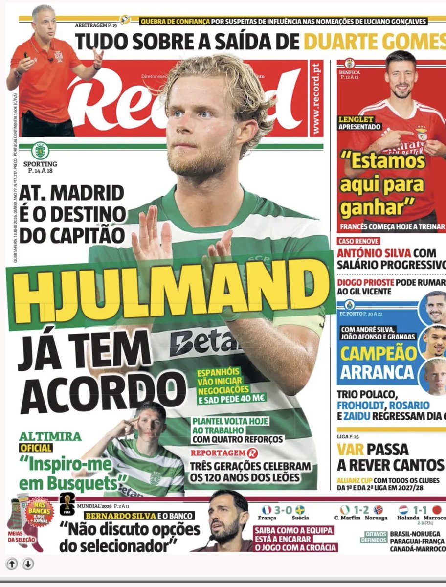 atletiuniverse's tweet photo. 💣🚨 BREAKING: All three big Portuguese outlets (A Bola, O Jogo &amp; Record) confirm that Morten Hjulmand has reached an agreement with Atlético Madrid.

It is now up to the clubs to close the deal. 

Sporting reportedly want €40m.

[via @alexmostoles] https://t.co/kf8GEHOOFh
