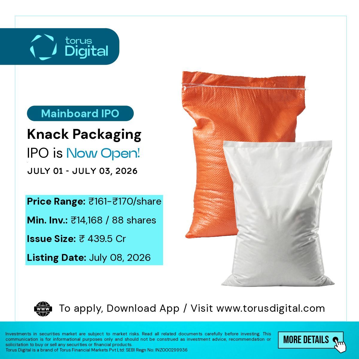torus_digital's tweet photo. New IPO Live for Bidding: Knack Packaging
Planning to invest? Let us know below.
More details: https://t.co/cFVlPGPf6o
#IPO #UpcomingIPO #IPOInvestment #IPOAlert #IndianStockMarket #StockMarketIndia #Investing #Trading #ShareMarket #DalalStreet #SMEStocks #IPOUpdates #MarketNews #TorusDigital