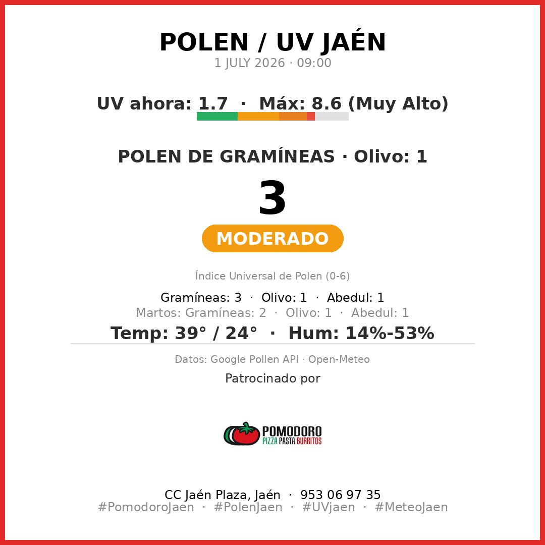 ReporteJaen's tweet photo. 🌿 Reporte Polen Jaén
1 JULY 2026

🔴 GRAMÍNEAS: 3 (Moderado)
Especies: Gramíneas: 3 · Olivo: 1 · Abedul: 1

☀️ UV ahora: 1.7  ·  Máx: 8.6 (Muy Alto)
🌡️ 39°/24° 💧 14%-53%

#PolenJaen #UVjaen #MeteoJaen #Jaén #PomodoroJaen https://t.co/kd8SuTnafx
