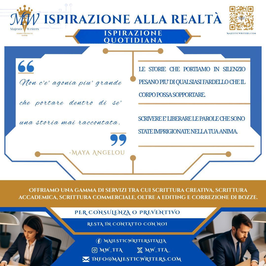 MW_Ita_'s tweet photo. Scrittura creativa, accademica e aziendale. ✨ Editing e revisione per trasformare la tua ispirazione in realtà.
#MajesticWriters #ScritturaCreativa #Editing #Aziendale #Ispirazione https://t.co/s9Mfiaafhg