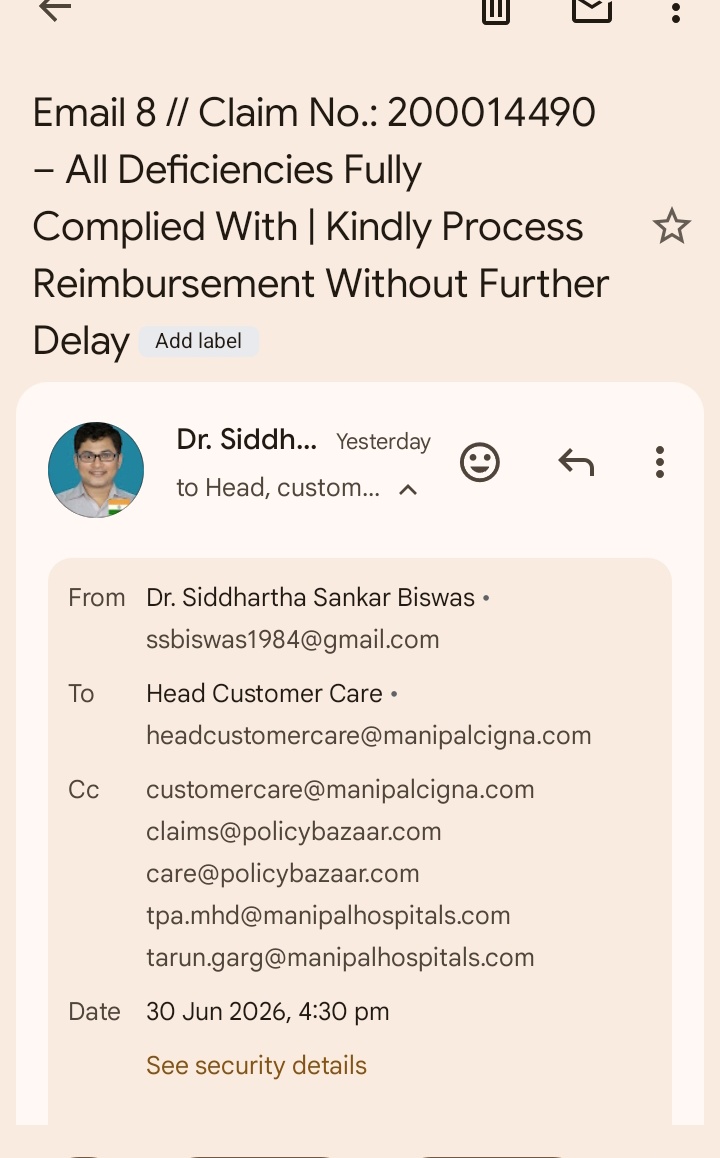 SSBiswasIndia's tweet photo. Hello @ManipalCigna 
Claim No: 200014490

After being forced by you to submit documents, yesterday u sent me mail with deficiency (demanding some documents already submitted to you earlier)

I have now complied and emailed you (Email no. 8) , along with doctor certificates https://t.co/0cXsR0LFcJ