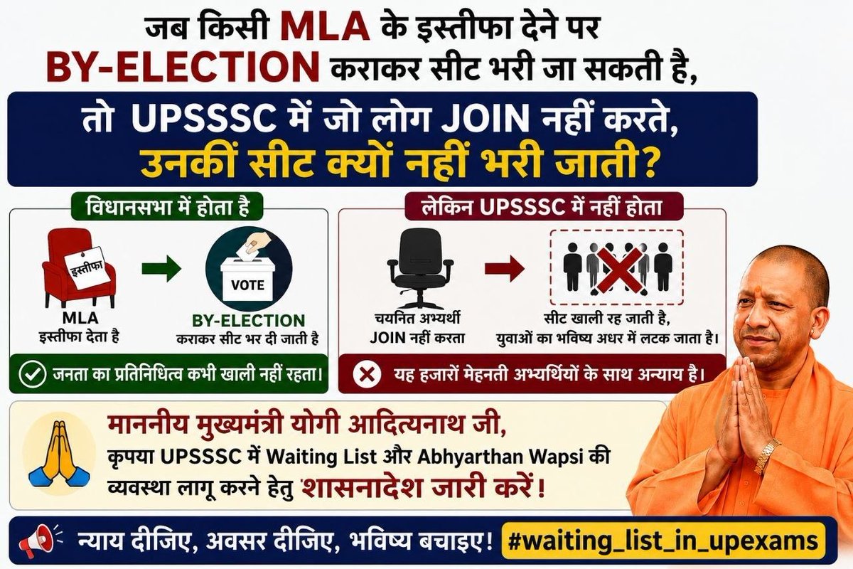 anishcs31's tweet photo. पूज्य@myogiadityanath जी,UPSSSC के अति धीमी कार्यप्रणाली ने हम लोगों को बर्बाद कर दिया है!एक ही व्यक्ति कई परीक्षा में चयनित हो जाता है क्योंकि अंतिम परिणाम किसी परीक्षा का 3 साल से पहले नहीं आता है
#waiting_list_in_exams
@TheNewspinch 
@CMOfficeUP https://t.co/FMfq0YcS1X
