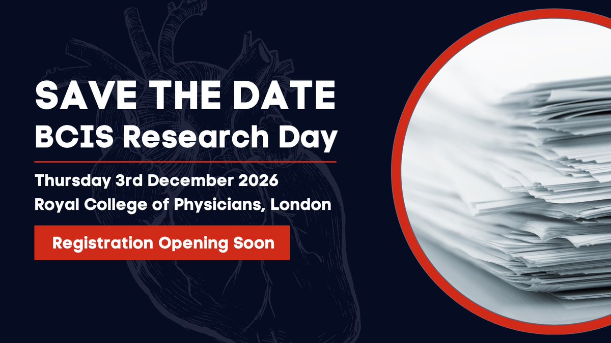 BCIS_uk's tweet photo. Save the date — BCIS Research Day is back!
Thursday 3 December 2026 | Royal College of Physicians, London
One day. In person. The best of UK interventional cardiology research.
Full details coming soon.
#BCIS #InterventionalCardiology #CardiacResearch https://t.co/9pbNAAfB6Z