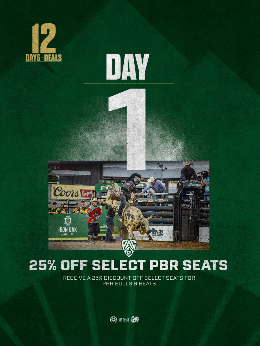 CSURams's tweet photo. 𝟭𝟮 𝗗𝗔𝗬𝗦 𝗢𝗙 𝗗𝗘𝗔𝗟𝗦: 𝗗𝗔𝗬 𝟭 🎁

We’re kicking off our @pac12 celebration with 25% off select @PBR Bulls &amp; Beats seats! 🤠🐂

Don’t miss 3️⃣ action-packed nights at Canvas Stadium, July 10-12!

🎟️ Claim the deal » https://t.co/LJilxOIwJS https://t.co/2WItBz4hNe