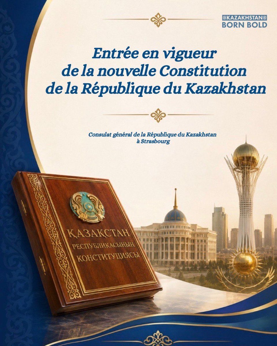 KazStrasbourg's tweet photo. 🇰🇿 #Kazakhstan entre dans une nouvelle ère de son développement. 
Aujourd'hui, la nouvelle #Constitution de la République du Kazakhstan est entrée en vigueur

#JustKazakhstan https://t.co/8CSh4kslxG