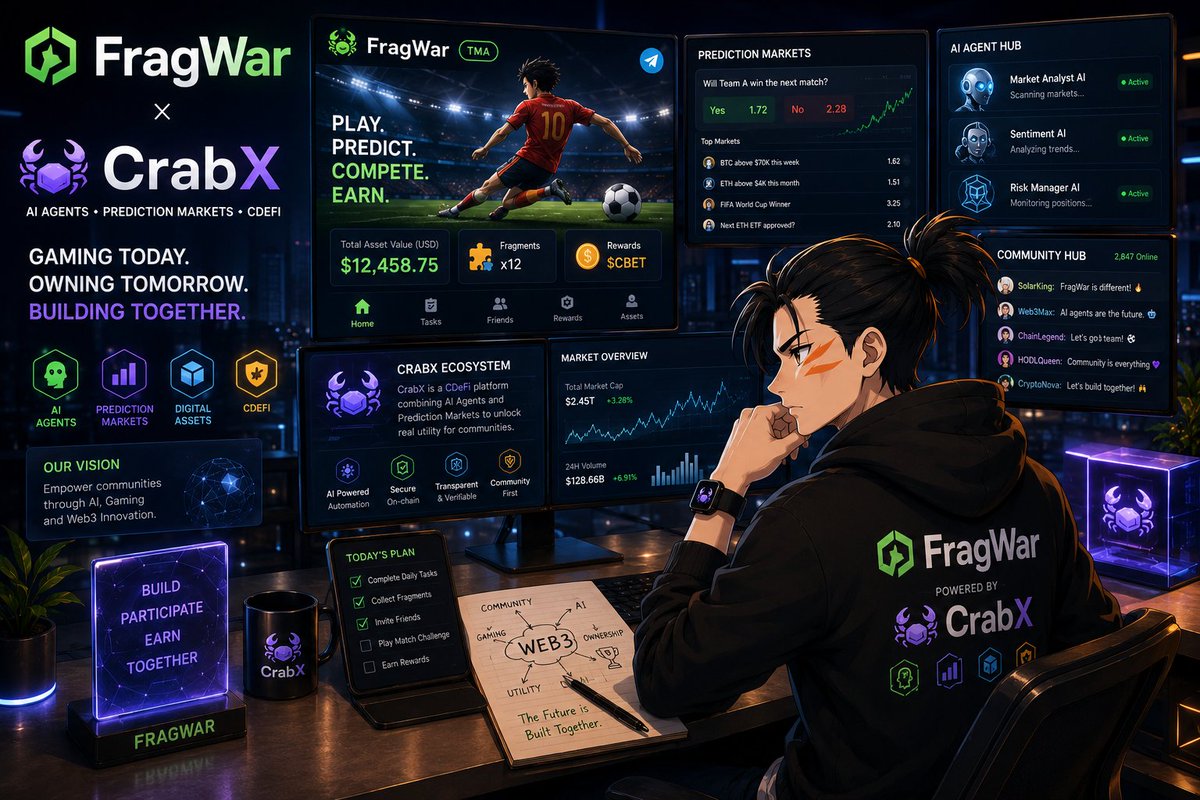 Solarboypq's tweet photo. We spent years playing games…

But what if the future is not just playing them, but building with them? 👀👇

For years, gaming was simply entertainment.

People played.
They competed.
They improved their skills.
They built communities around the games they loved.

But there was one thing missing…

Most of the value created by players stayed inside the platforms.

Web3 introduced a new possibility:

What if users could become part of the ecosystem they help grow?

Not just consumers.
Not just players.

But active participants.

This is where the future of gaming starts becoming interesting.

I spent some time exploring FragWarBot, and one thing immediately stood out:

It doesn’t feel like a traditional crypto experience.

It feels like a game.

A Telegram Mini-App experience connected to the CrabX ecosystem, bringing together gaming, community, and Web3 through football-inspired challenges and interactive experiences.

Inside FragWar, users can:

⚽ Engage with football-based activities
🎮 Collect fragments
🏆 Take part in challenges
🤝 Connect with a growing community

The interesting part?

It makes the Web3 experience feel simple and accessible.

No complicated setup.

Just open Telegram, participate, and interact.

Because the next wave of Web3 adoption may not come from adding more complexity…

It may come from creating experiences people actually enjoy using.

But this idea goes beyond gaming.

The future of Web3 is about building ecosystems where users are not just spectators.

They participate.
They contribute.
They become part of the story.

This is where CrabX is exploring new possibilities:

Combining:

🤖 AI agents
📊 Prediction markets
💹 Digital asset experiences
🌱 CDeFi innovation

Imagine communities that don’t just watch things happen…

They become involved.

They predict.
They compete.
They create.

Gaming can become the gateway.

AI can make experiences smarter.

Web3 can give users a bigger role.

The next wave may not come from asking everyone to understand complicated technology…

It may come from making Web3 feel simple, social, and fun.

FragWar + CrabX represent an interesting direction:

A future where users don’t just join ecosystems…

They help build them. 🚀

Explore FragWarBot here:
https://t.co/qVBQjKOJd8

#CrabX #FRAGWAR

@crabex_official @IzuchukwuOffia @clareonchain