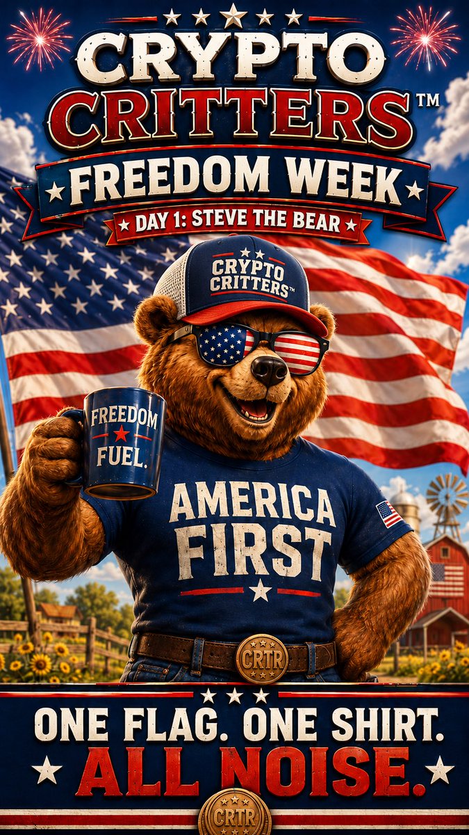 CrittersTM's tweet photo. Steve the Bear kicked off Freedom Week the only way he knows how — stars, stripes, and a full mug of Freedom Fuel. 🇺🇸
One flag. One shirt. All noise.

Join the Critters™
Not financial advice. DYOR. Satire.

#CryptoCrittersTM https://t.co/y0nwVRBd0u