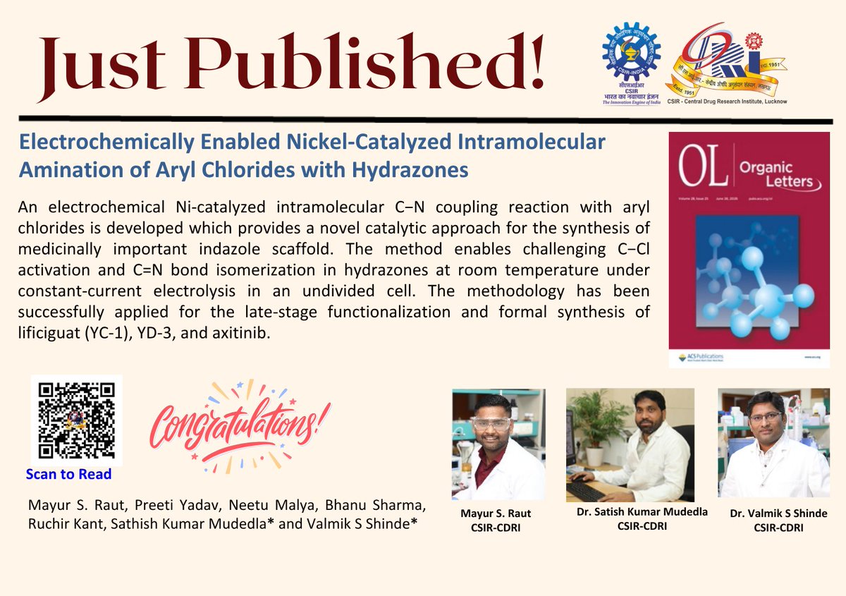 cdriacademy's tweet photo. #JustPublished from Dr. Satish Mudedla & Dr. Valmik Shinde’s groups @CSIR_CDRI
An electrochemical nickel-catalyzed method to synthesize medicinally important indazoles from aryl chlorides under mild conditions.
👏 Lead author: Mayur S. Raut
Read: https://t.co/XOqmC4nyFg https://t.co/VOz8YKltB7