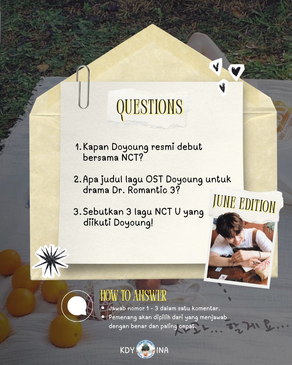 KDY_INA's tweet photo. ✨  𝐃𝐎-𝐀𝐒𝐊 𝐆𝐈𝐕𝐄𝐀𝐖𝐀𝐘  ✨
               𝙅𝙐𝙉𝙀 𝙀𝘿𝙄𝙏𝙄𝙊𝙉

Cara ikutan:
• Follow akun @kdy_ina
• Sukai postingan ini
• Jawab pertanyaan pada slide kedua dalam satu komentar

🥇 6 pemenang akan dipilih dari yang menjawab dengan benar dan paling cepat! 

#DoAskGiveaway
#DOYOUNG #도영